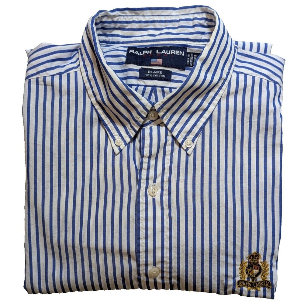 Vintage Ralph Lauren Blaire Men's XL Striped Button Down Shirt Crest Blue White